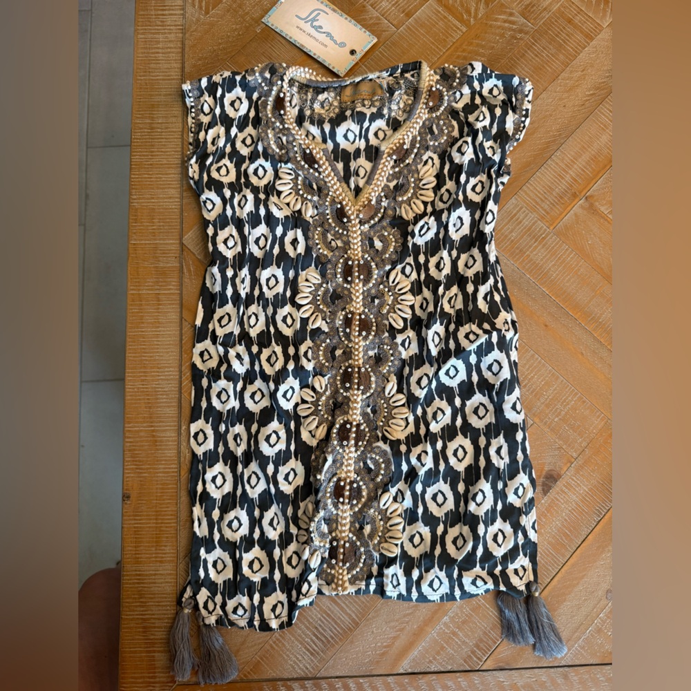 Skema Ikat Kni-Shka Short Black Kaftan Beaded Shell Dress 2t NWT
